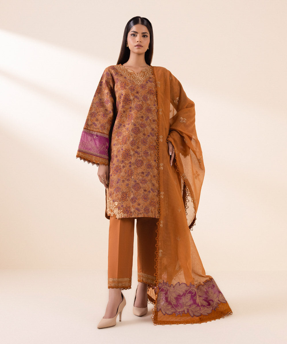 Women's Unstitched Cotton Jacquard Embroidered Orange 3 Piece Suit