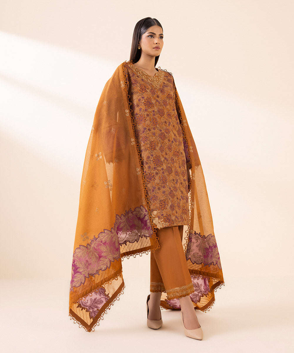 Women's Unstitched Cotton Jacquard Embroidered Orange 3 Piece Suit