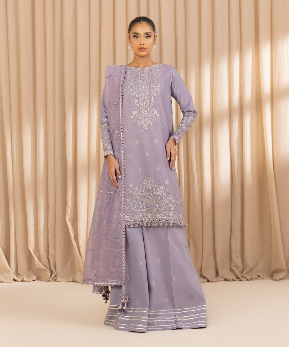 Unstitched Women's Embroidered Cotton Purple Three Piece Suit 