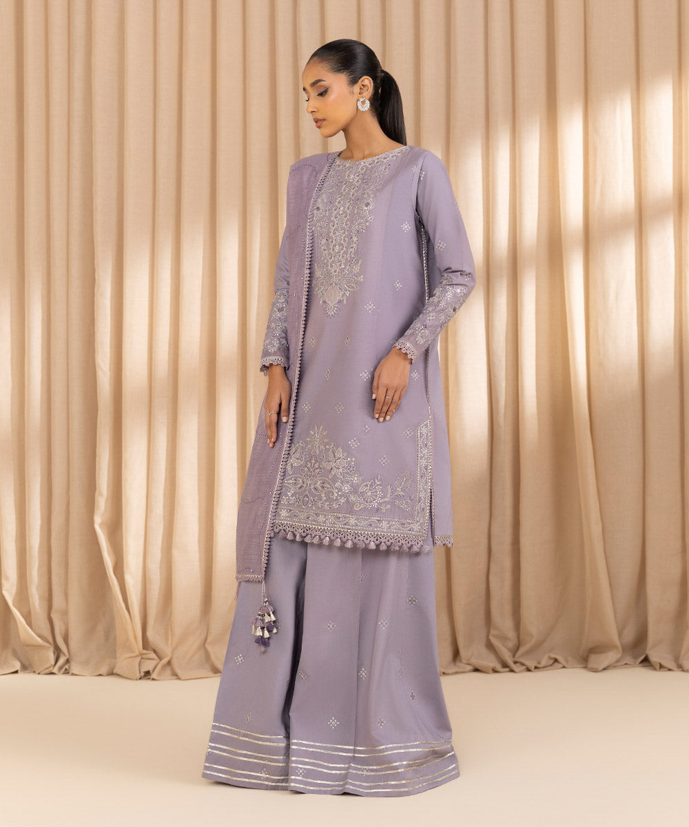 Unstitched Women's Embroidered Cotton Purple Three Piece Suit 