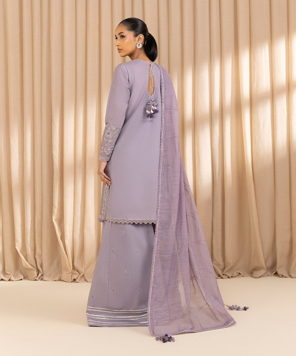 Unstitched Women's Embroidered Cotton Purple Three Piece Suit 