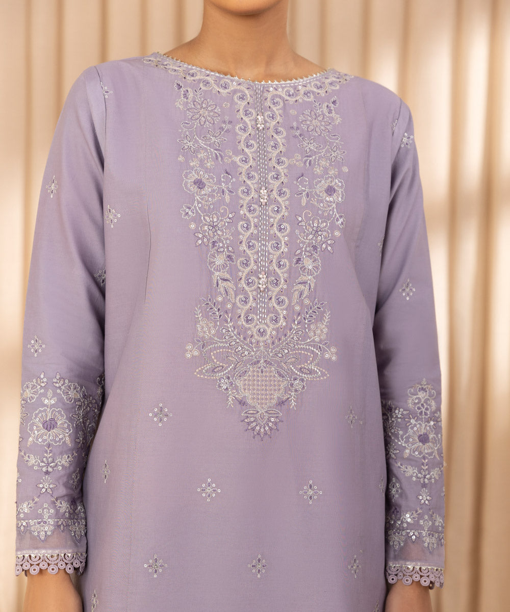 Unstitched Women's Embroidered Cotton Purple Three Piece Suit 