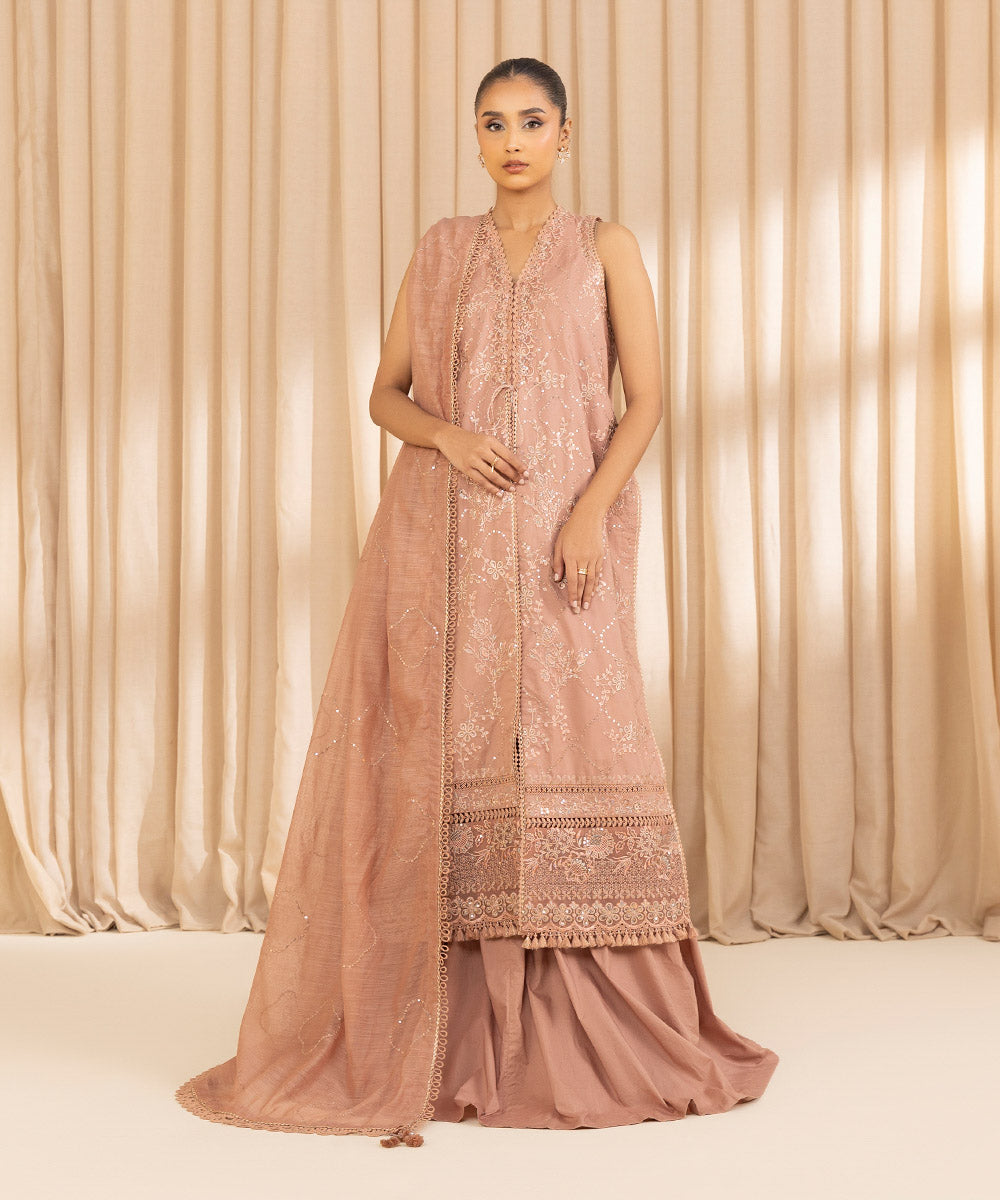 Unstitched Women's Embroidered Cotton Pink Three Piece Suit 