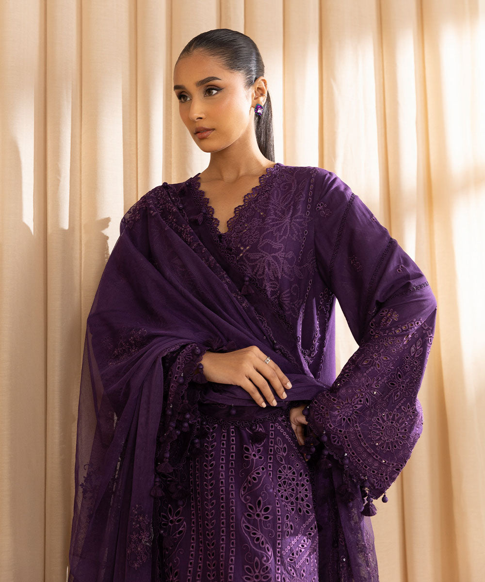 Unstitched Women's Embroidered Textured Lawn Purple Three Piece Suit 