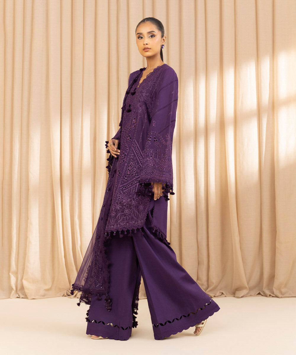 Unstitched Women's Embroidered Textured Lawn Purple Three Piece Suit 