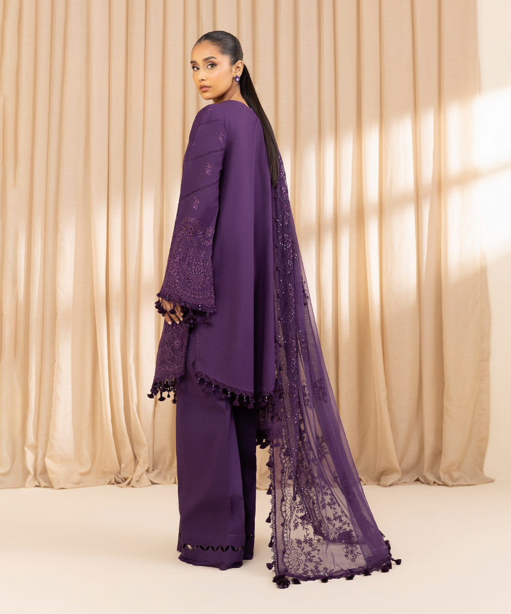 Unstitched Women's Embroidered Textured Lawn Purple Three Piece Suit 