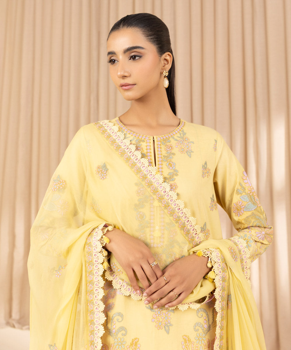 Unstitched Women's Embroidered Textured Lawn Yellow Three Piece Suit 