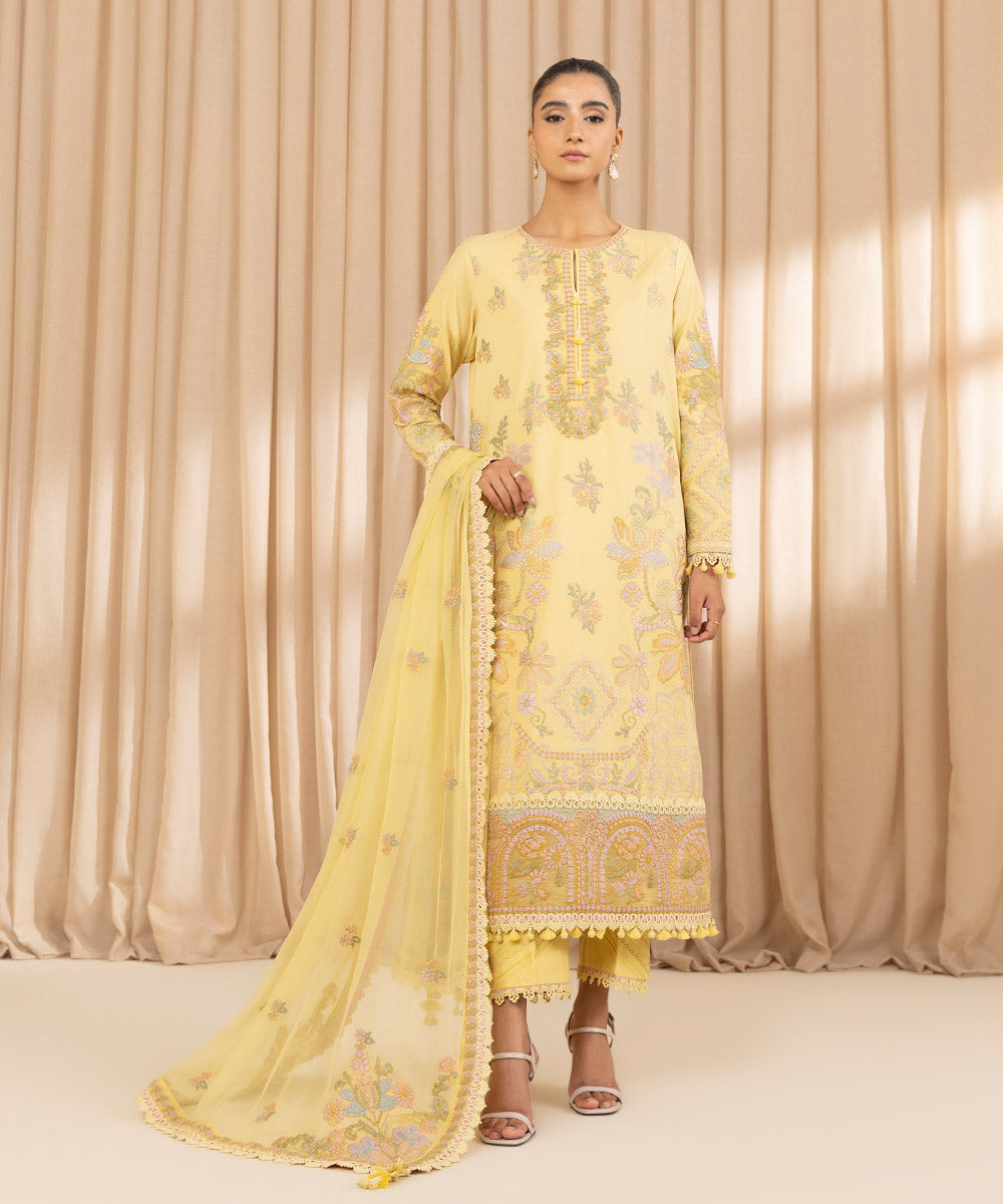 Unstitched Women's Embroidered Textured Lawn Yellow Three Piece Suit 