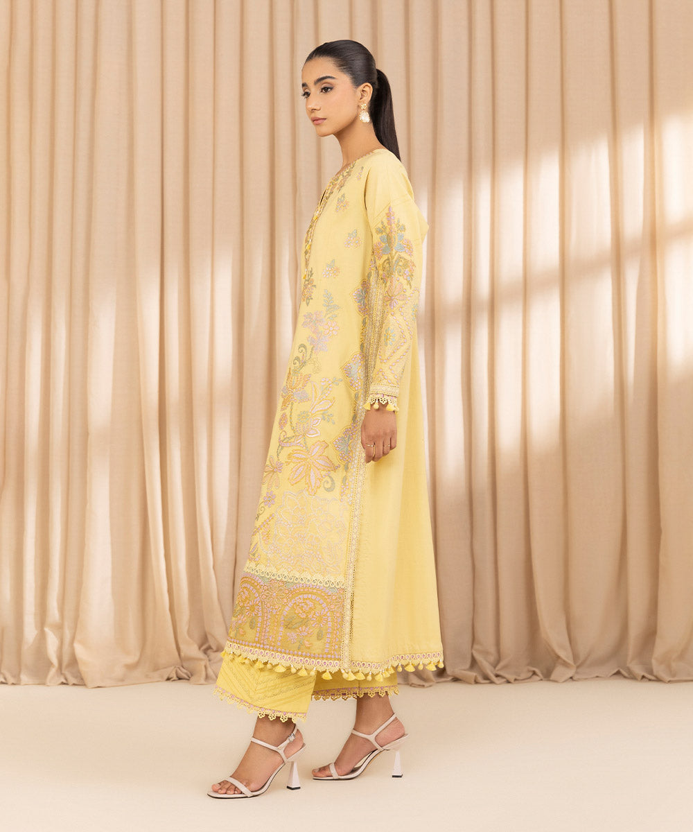 Unstitched Women's Embroidered Textured Lawn Yellow Three Piece Suit 