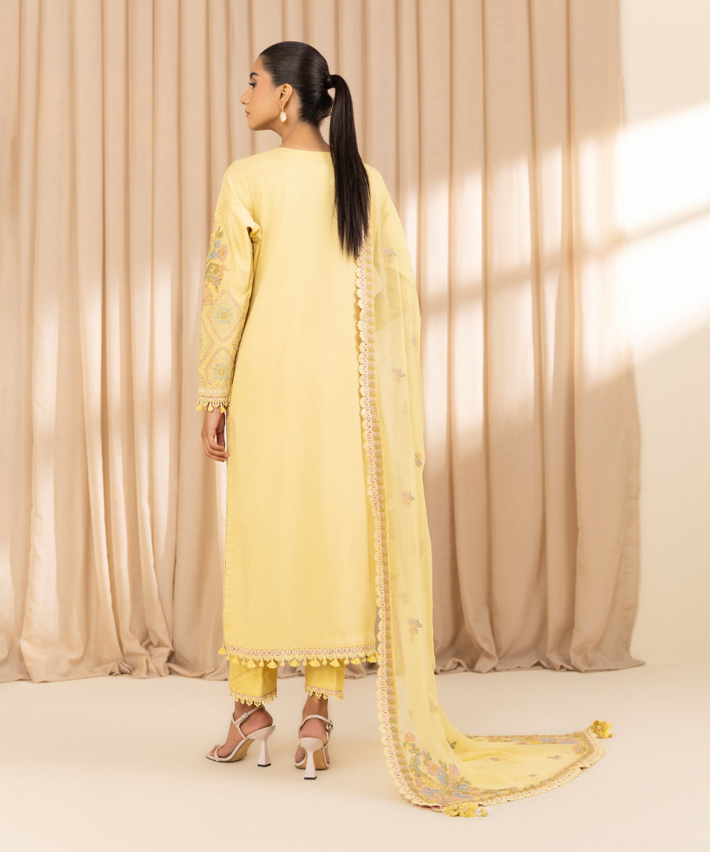 Unstitched Women's Embroidered Textured Lawn Yellow Three Piece Suit 