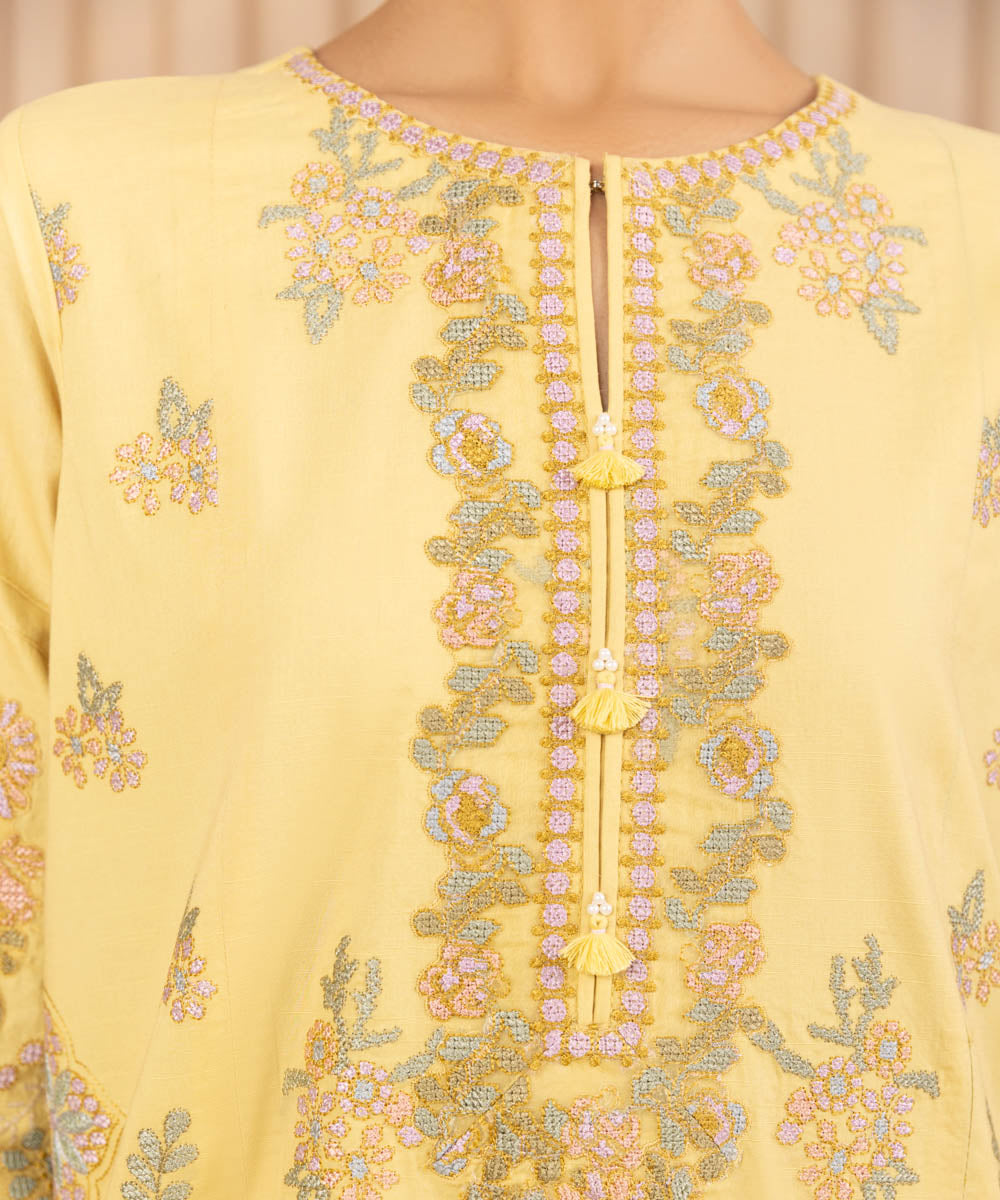 Unstitched Women's Embroidered Textured Lawn Yellow Three Piece Suit 