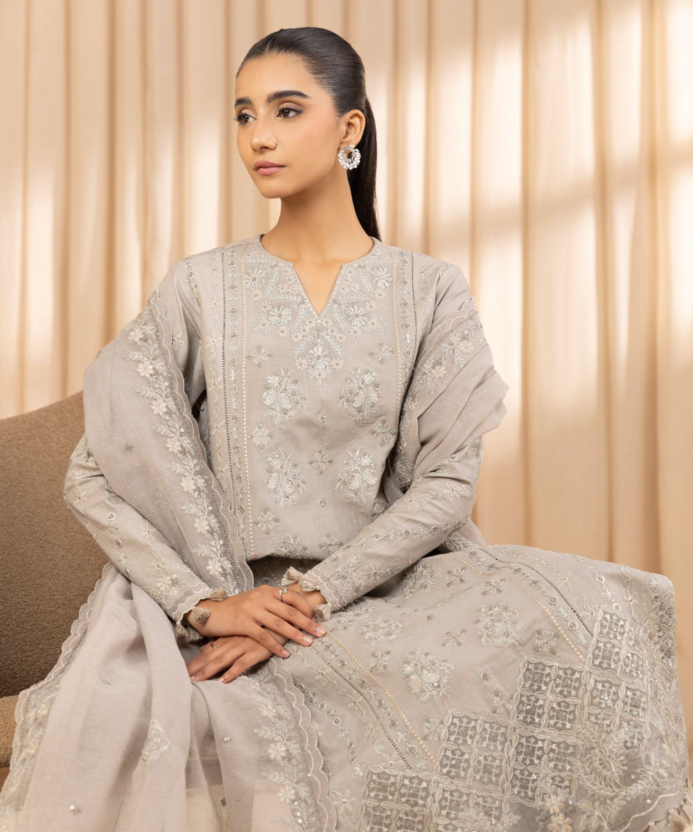 Unstitched Women's Embroidered Textured Lawn Grey Three Piece Suit 