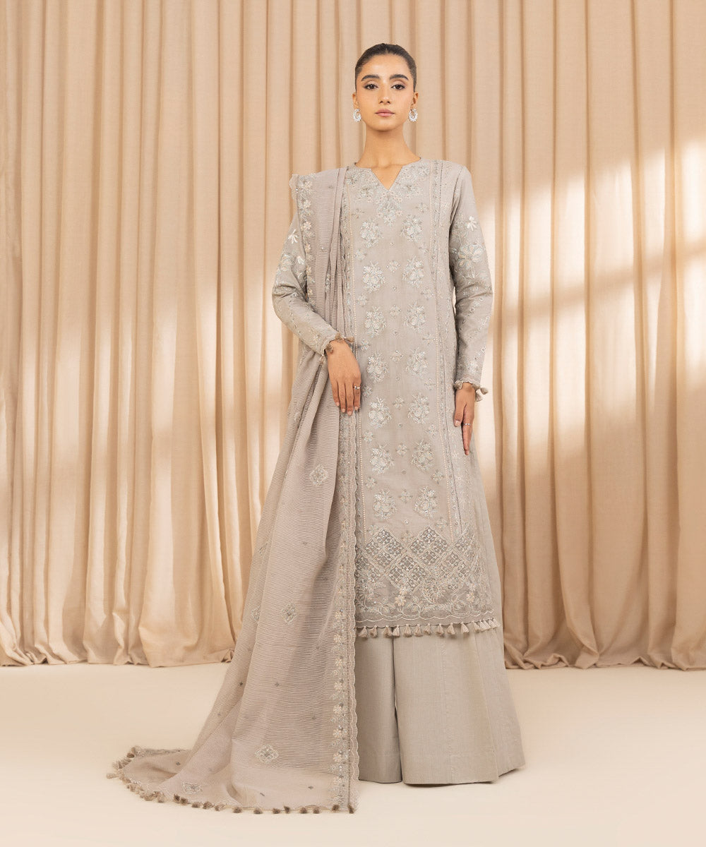 Unstitched Women's Embroidered Textured Lawn Grey Three Piece Suit 