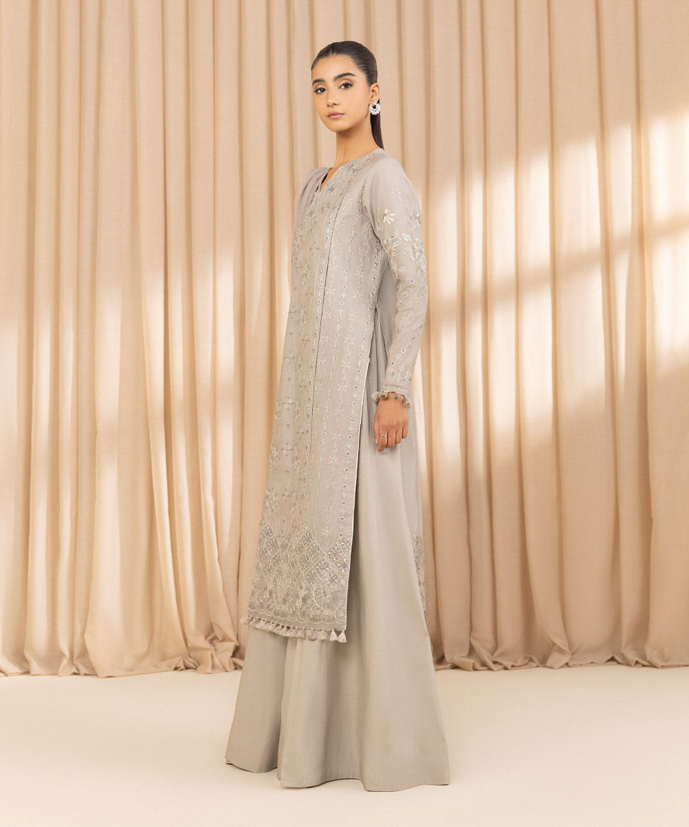 Unstitched Women's Embroidered Textured Lawn Grey Three Piece Suit 