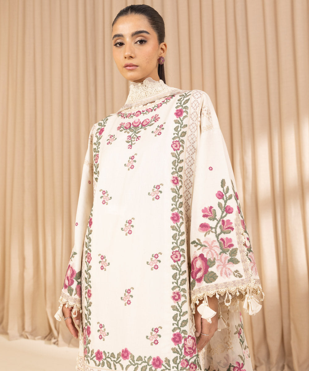 Unstitched Women's Embroidered Fine Cotton Satin Off White Three Piece Suit 