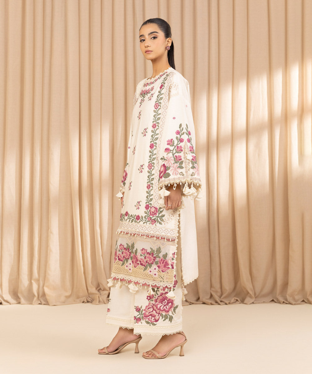 Unstitched Women's Embroidered Fine Cotton Satin Off White Three Piece Suit 