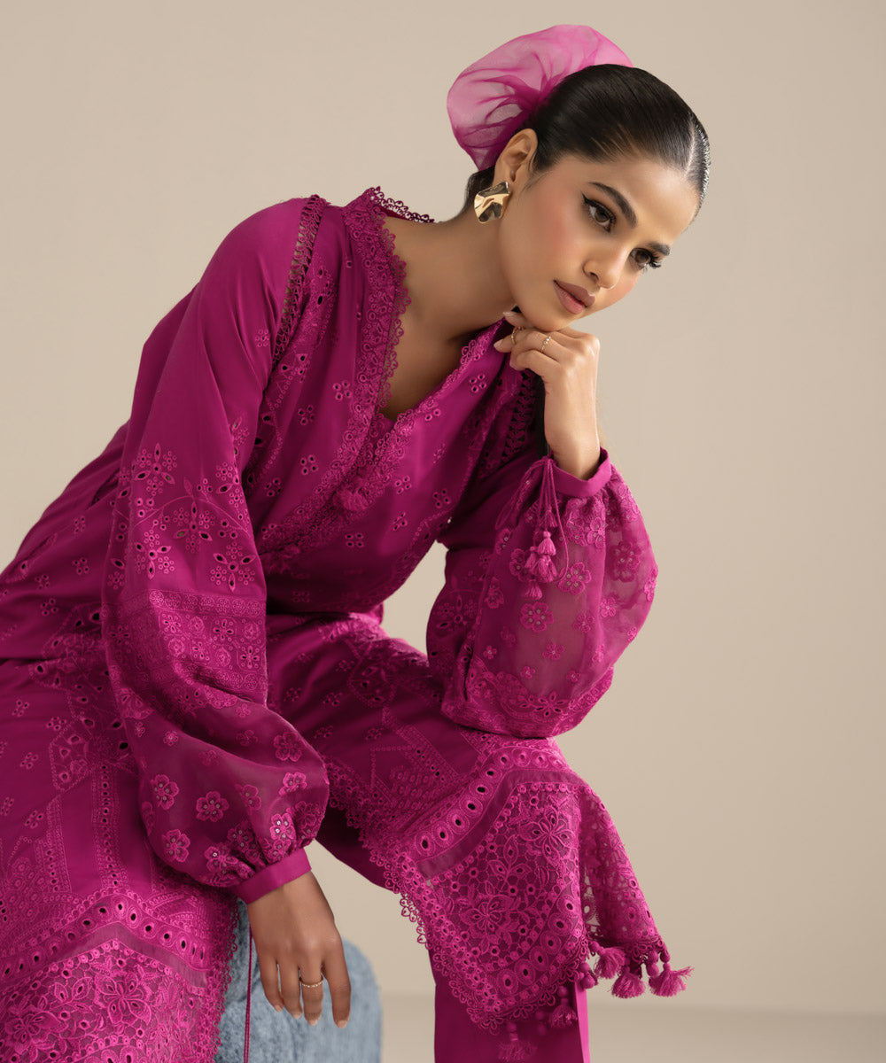 3 Piece - Embroidered Cotton Satin Suit