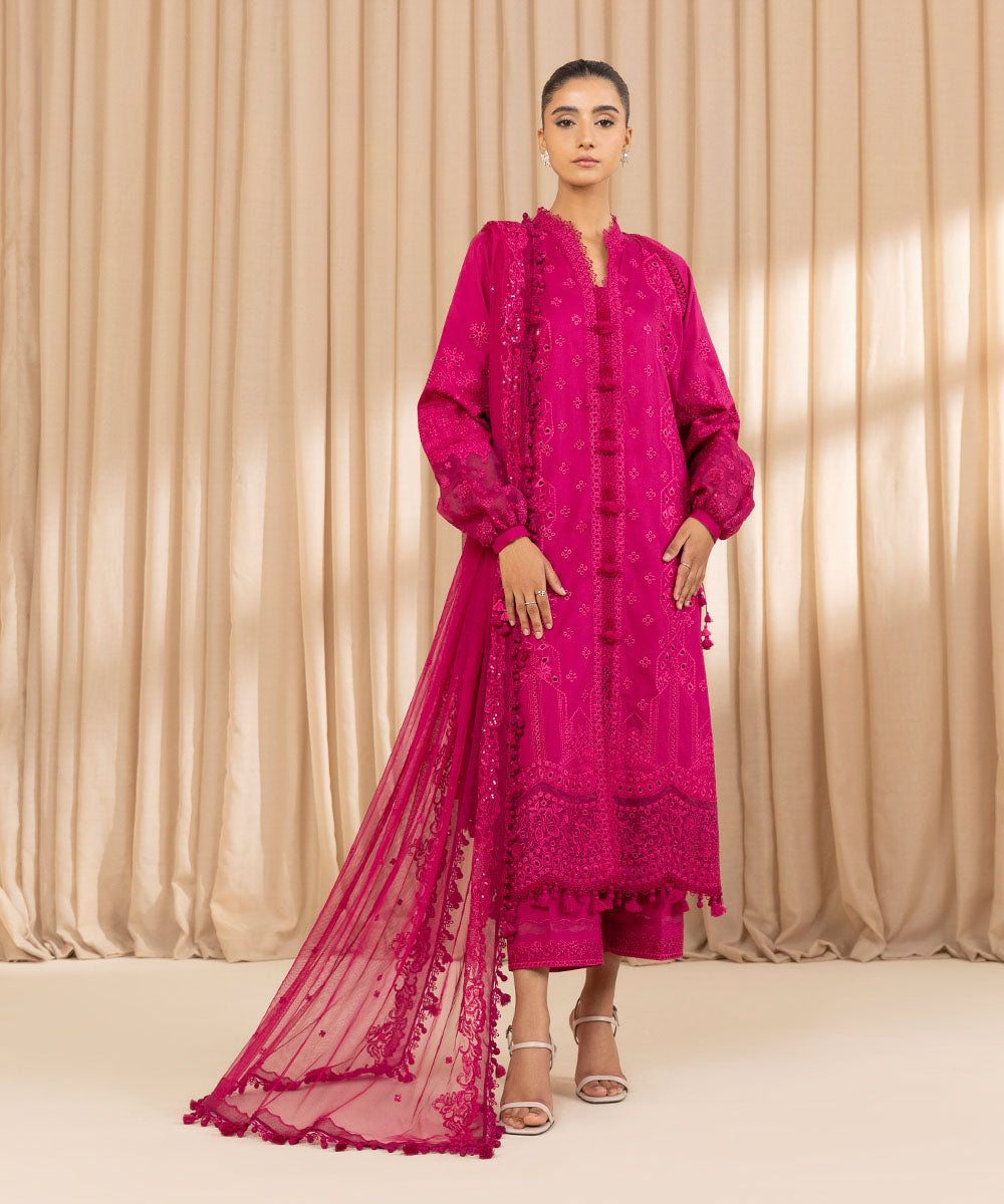 Unstitched Women's Embroidered Fine Cotton Satin Pink Three Piece Suit 