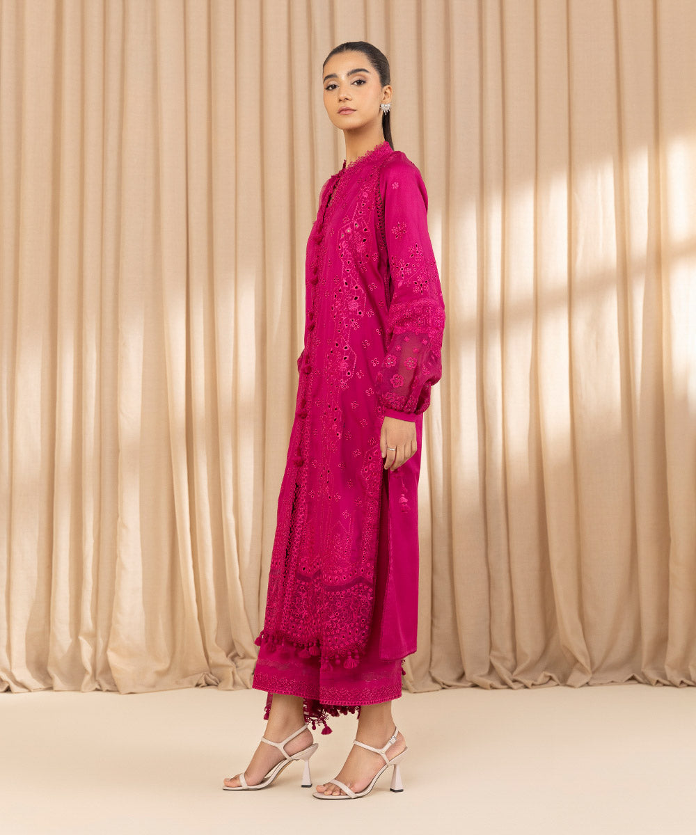 Unstitched Women's Embroidered Fine Cotton Satin Pink Three Piece Suit 