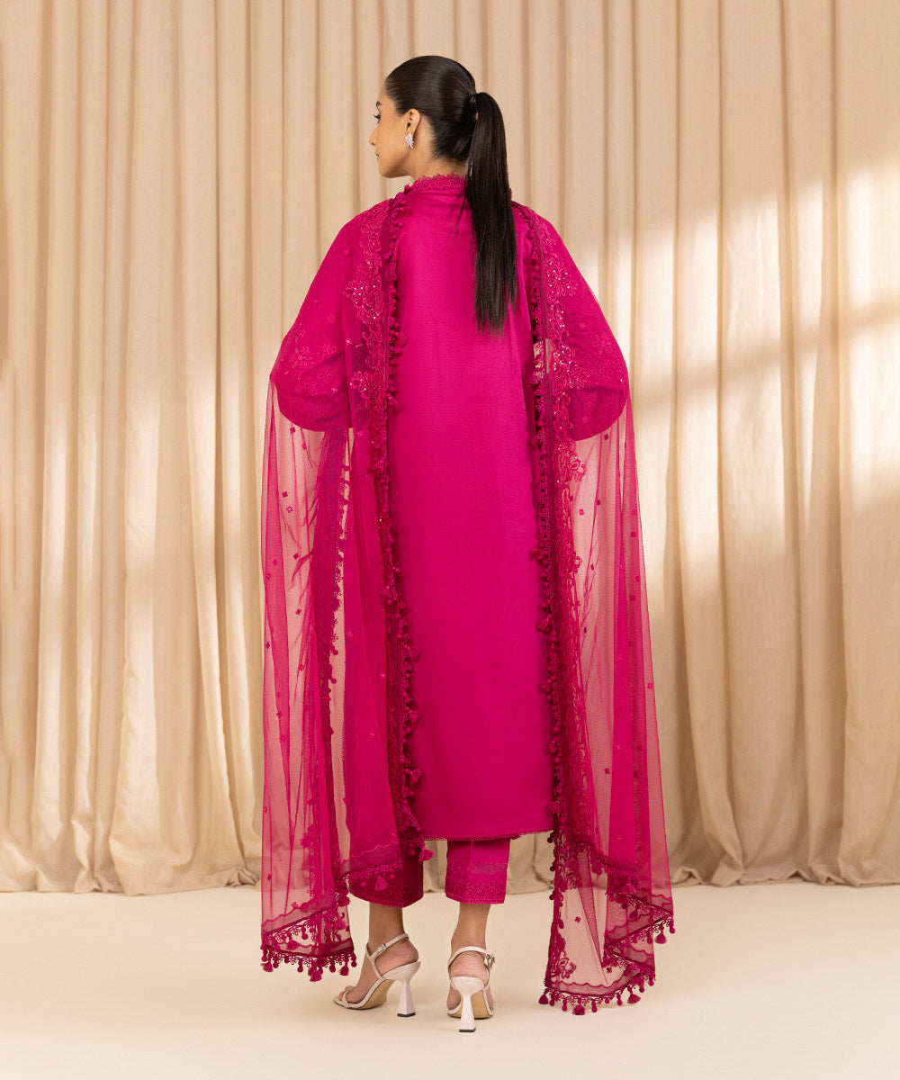 Unstitched Women's Embroidered Fine Cotton Satin Pink Three Piece Suit 