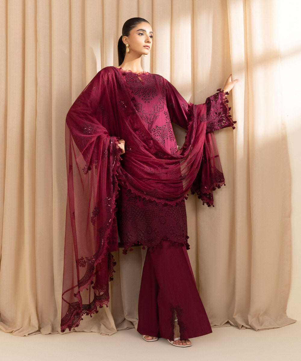 Unstitched Women's Embroidered Fine Cotton Satin Red Three Piece Suit 