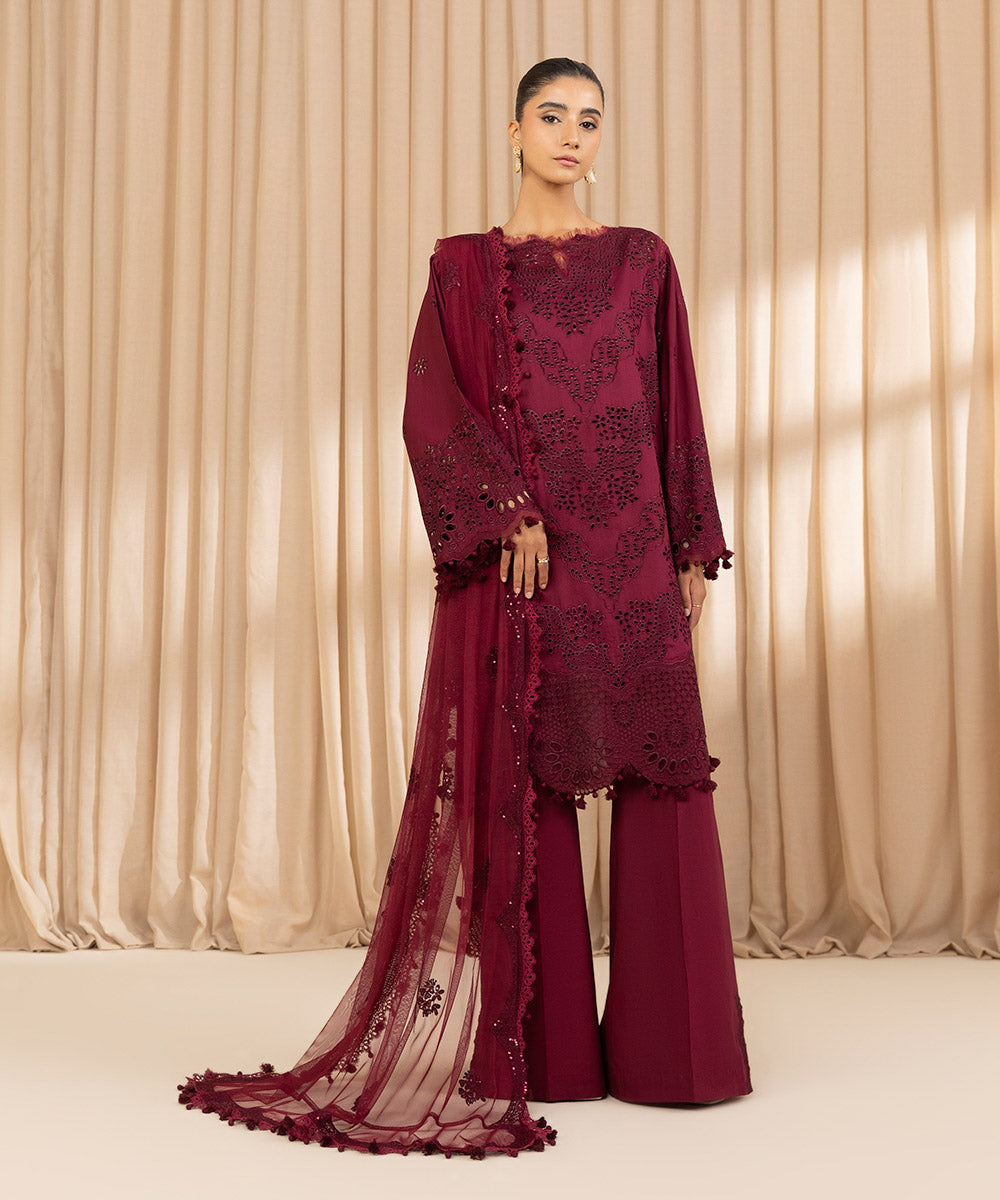 Unstitched Women's Embroidered Fine Cotton Satin Red Three Piece Suit 