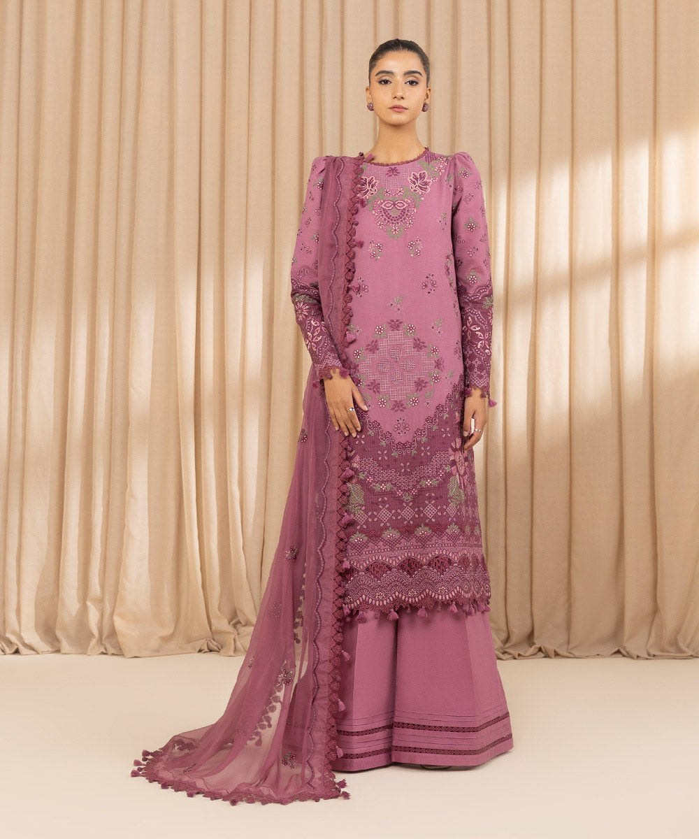 Unstitched Women's Embroidered Dobby Pink Three Piece Suit 