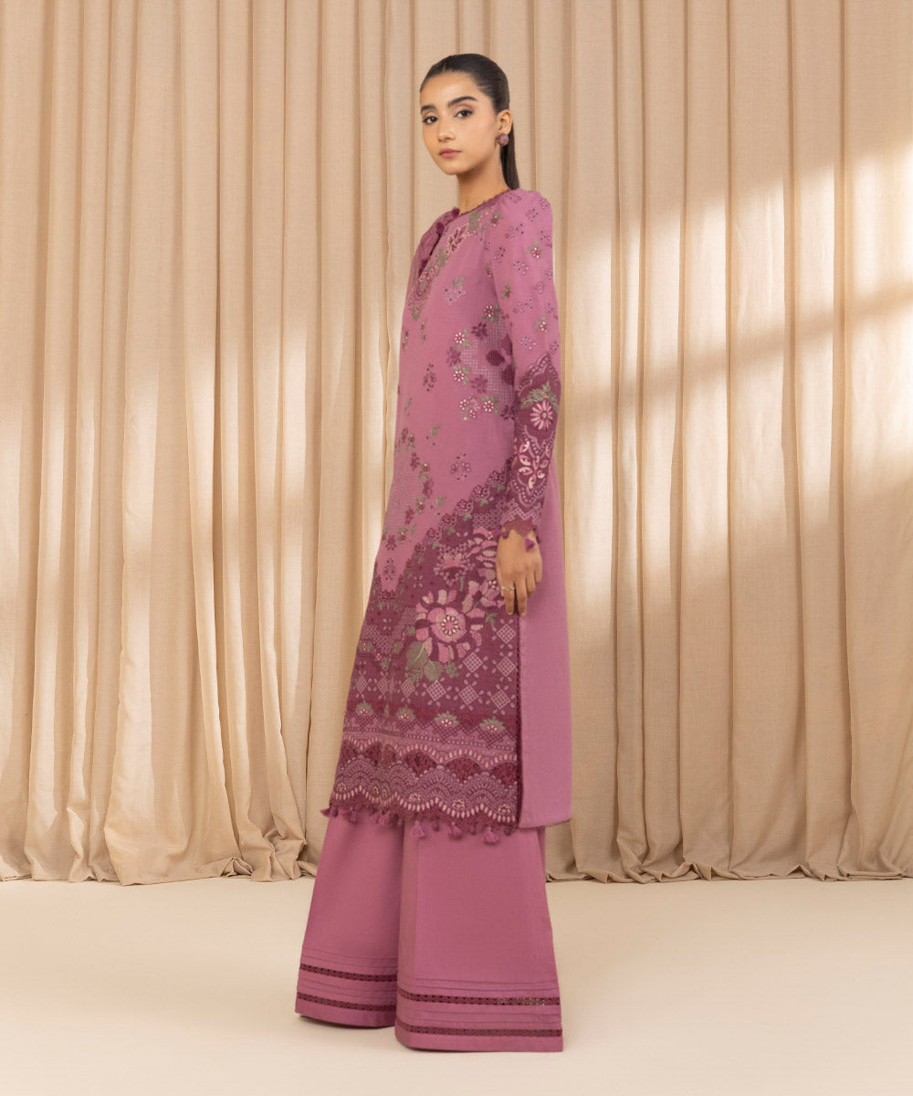 Unstitched Women's Embroidered Dobby Pink Three Piece Suit 