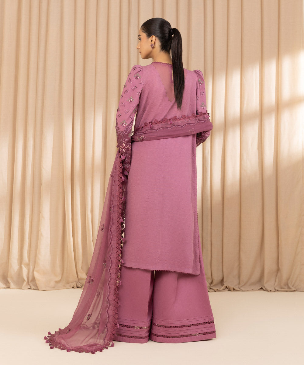 Unstitched Women's Embroidered Dobby Pink Three Piece Suit 