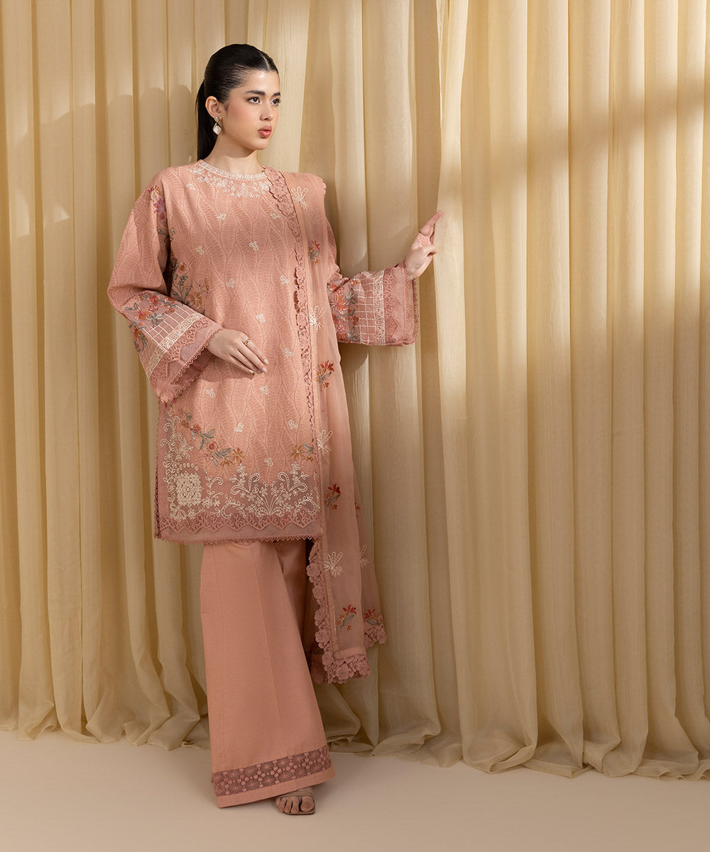 Unstitched Women's Pink Cotton Jacquard 3 Piece Suit