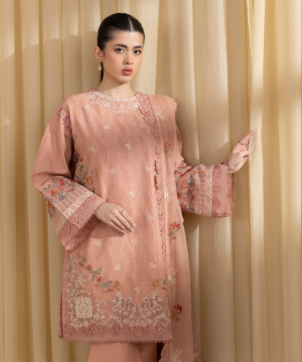Unstitched Women's Pink Cotton Jacquard 3 Piece Suit