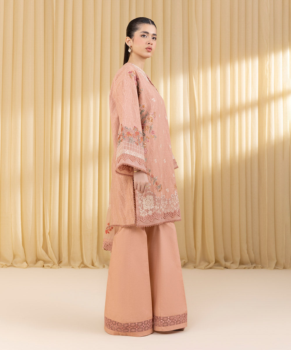 Unstitched Women's Pink Cotton Jacquard 3 Piece Suit