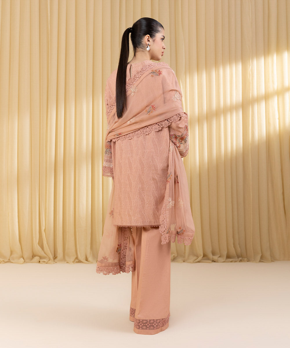 Unstitched Women's Pink Cotton Jacquard 3 Piece Suit