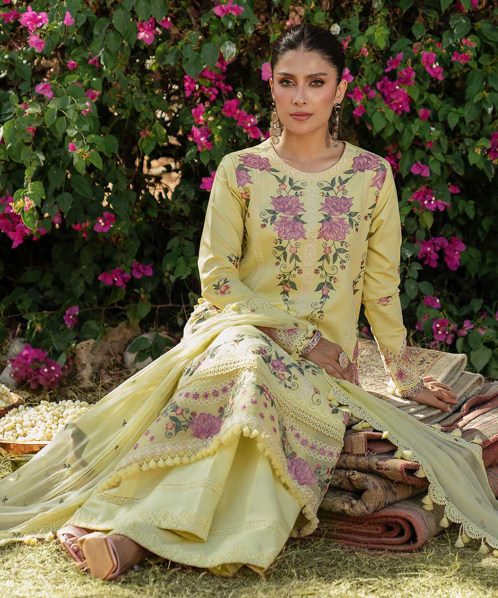Unstitched Women's Yellow Cotton Satin 3 Piece Suit