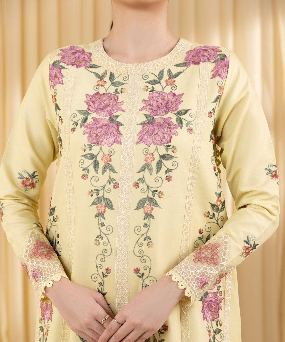 Unstitched Women's Yellow Cotton Satin 3 Piece Suit