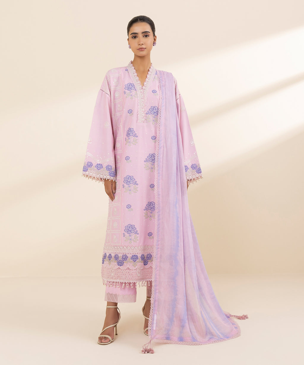 Women's Unstitched Textured Lawn Embroidered Pink 3 Piece Suit