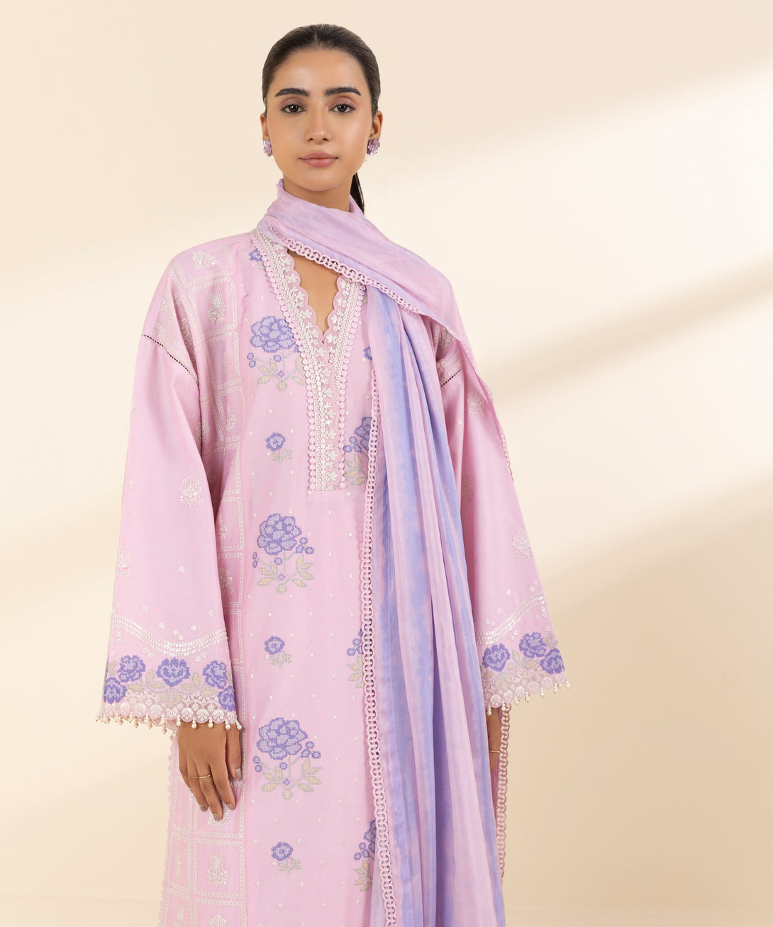 Women's Unstitched Textured Lawn Embroidered Pink 3 Piece Suit
