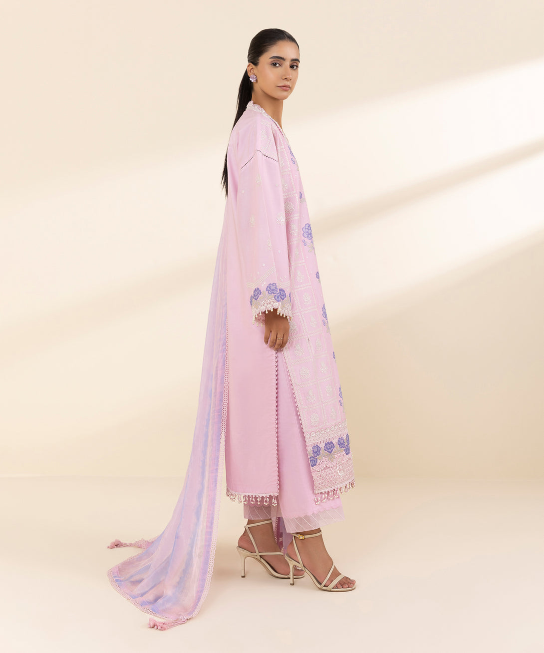 Women's Unstitched Textured Lawn Embroidered Pink 3 Piece Suit