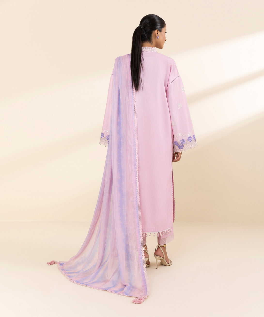 Women's Unstitched Textured Lawn Embroidered Pink 3 Piece Suit