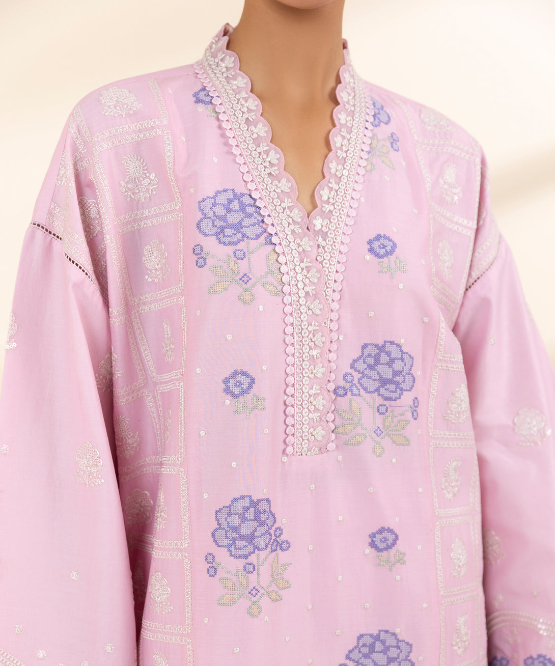 Women's Unstitched Textured Lawn Embroidered Pink 3 Piece Suit
