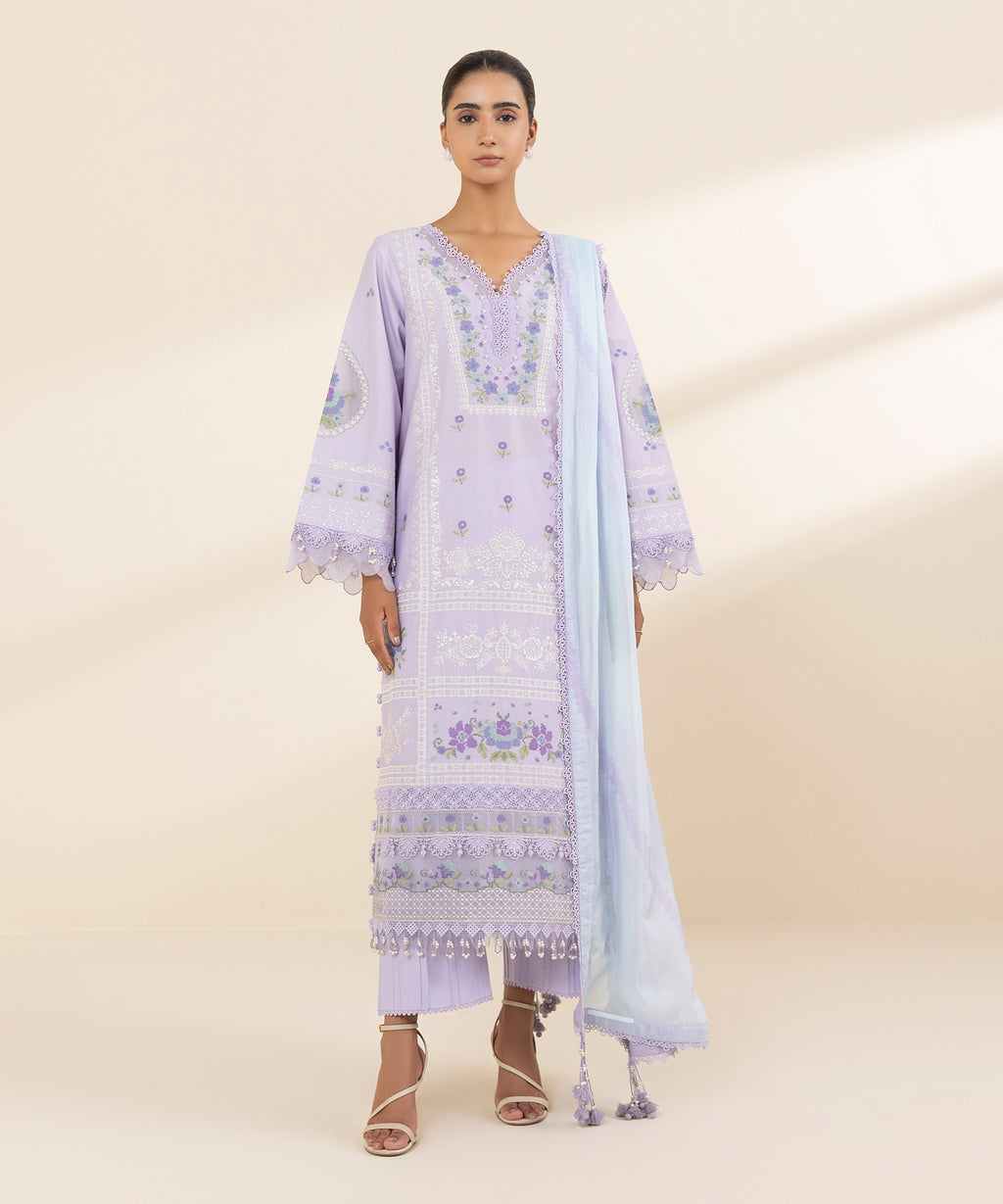 Women's Unstitched Lawn Embroidered Purple 3 Piece Suit