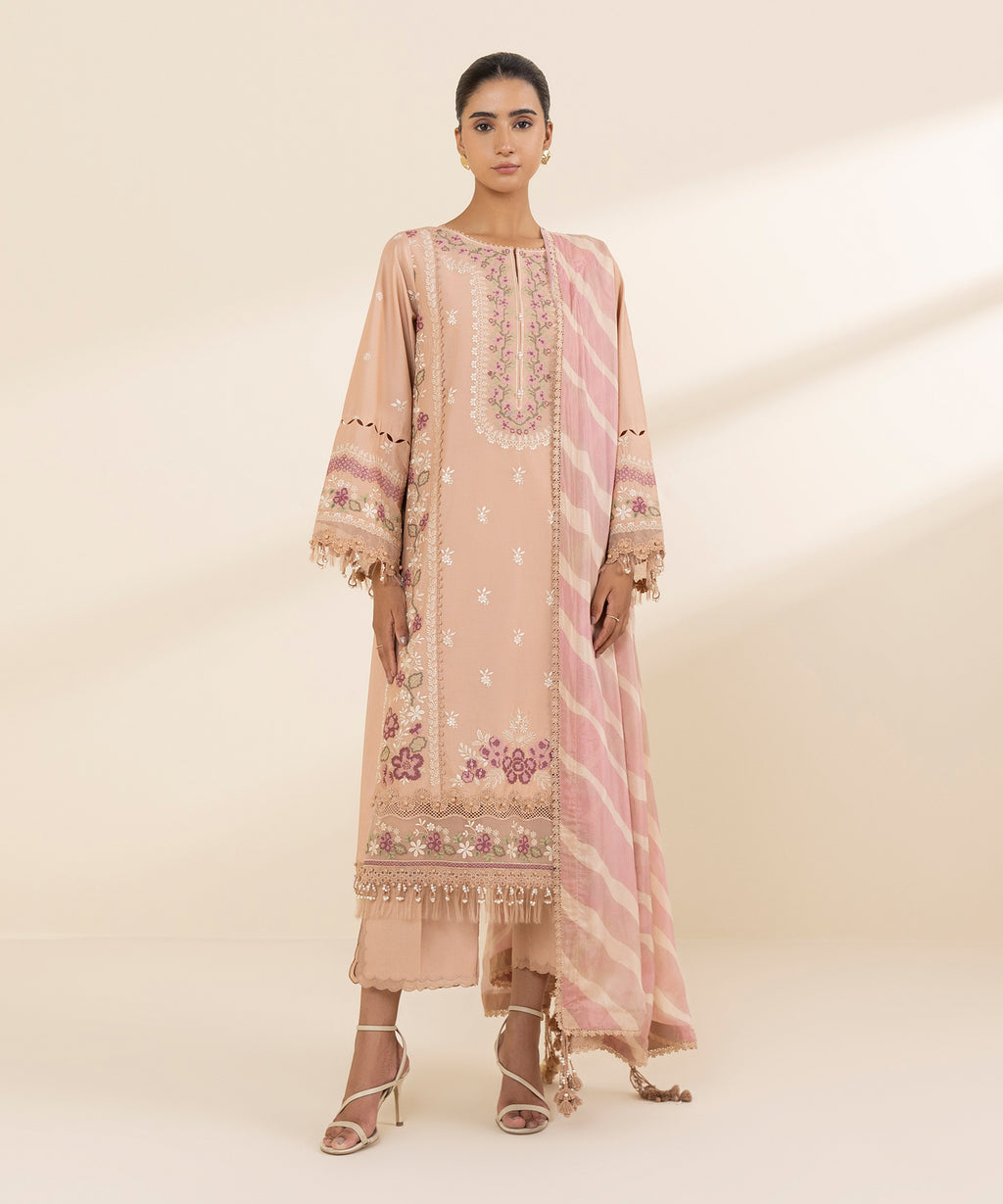 Women's Unstitched Textured Lawn Embroidered Pink 3 Piece Suit