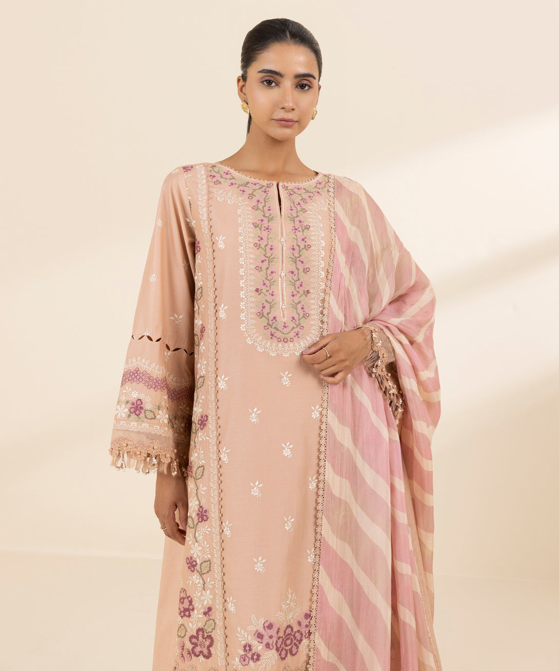 Women's Unstitched Textured Lawn Embroidered Pink 3 Piece Suit
