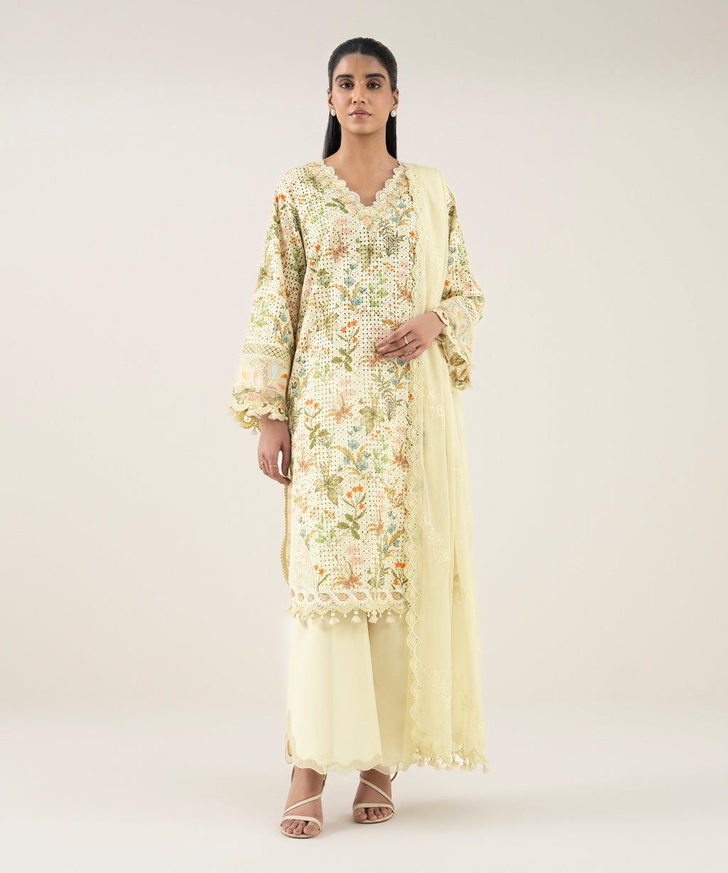 Women's Unstitched Cotton Embroidered Multi 3 Piece Suit