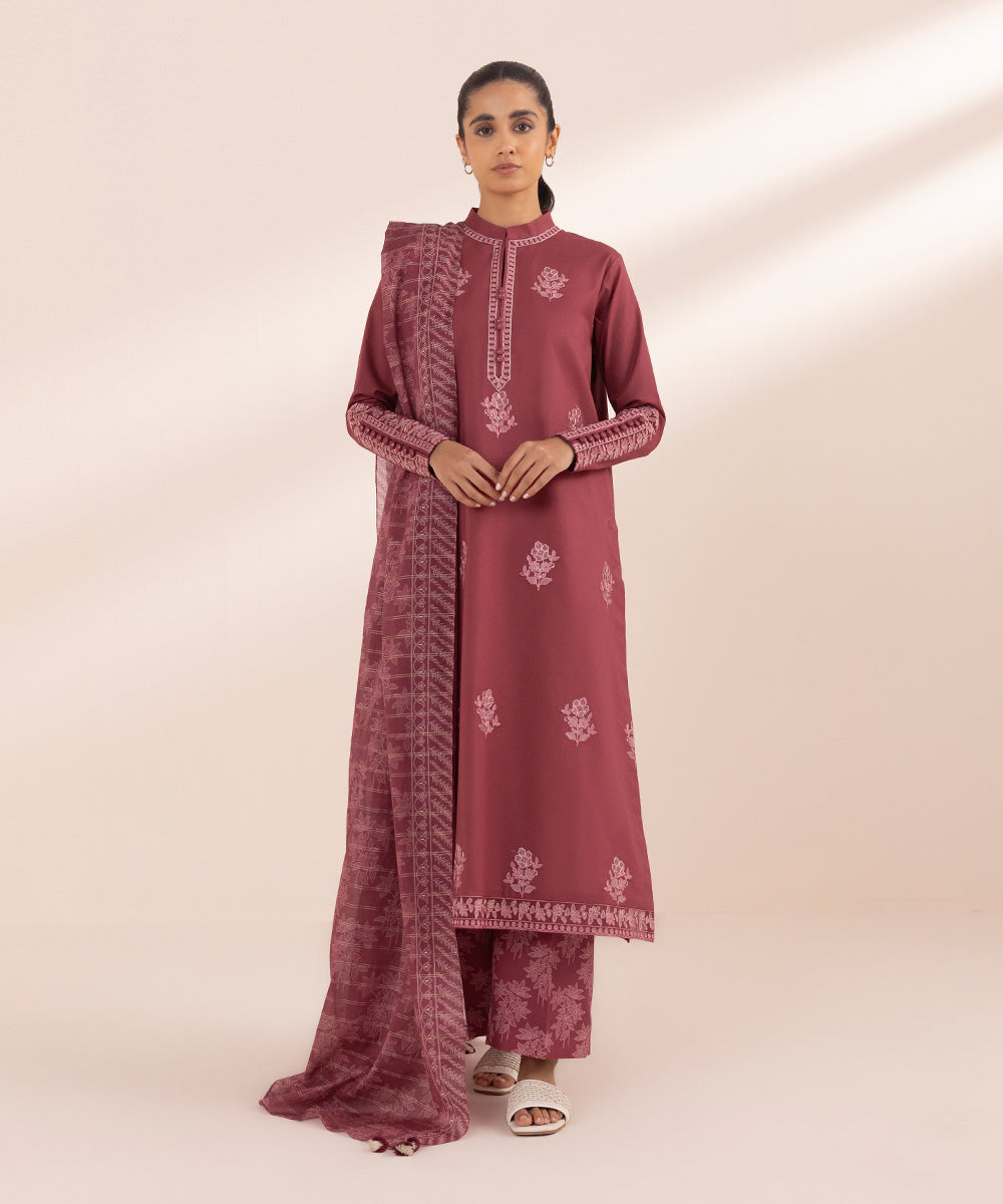 Women's Unstitched Lawn Red Embroidered 3 Piece Suit