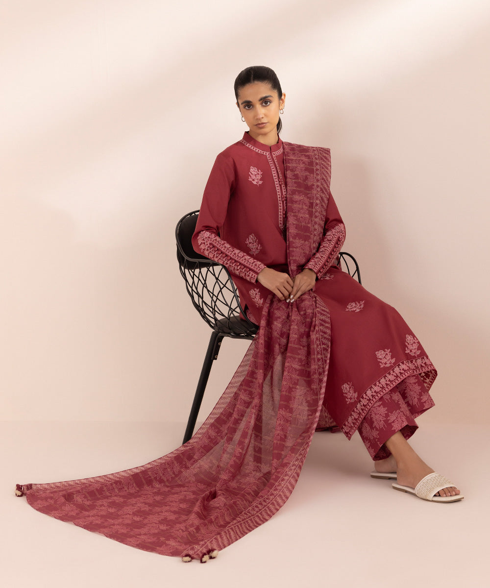 Women's Unstitched Lawn Red Embroidered 3 Piece Suit