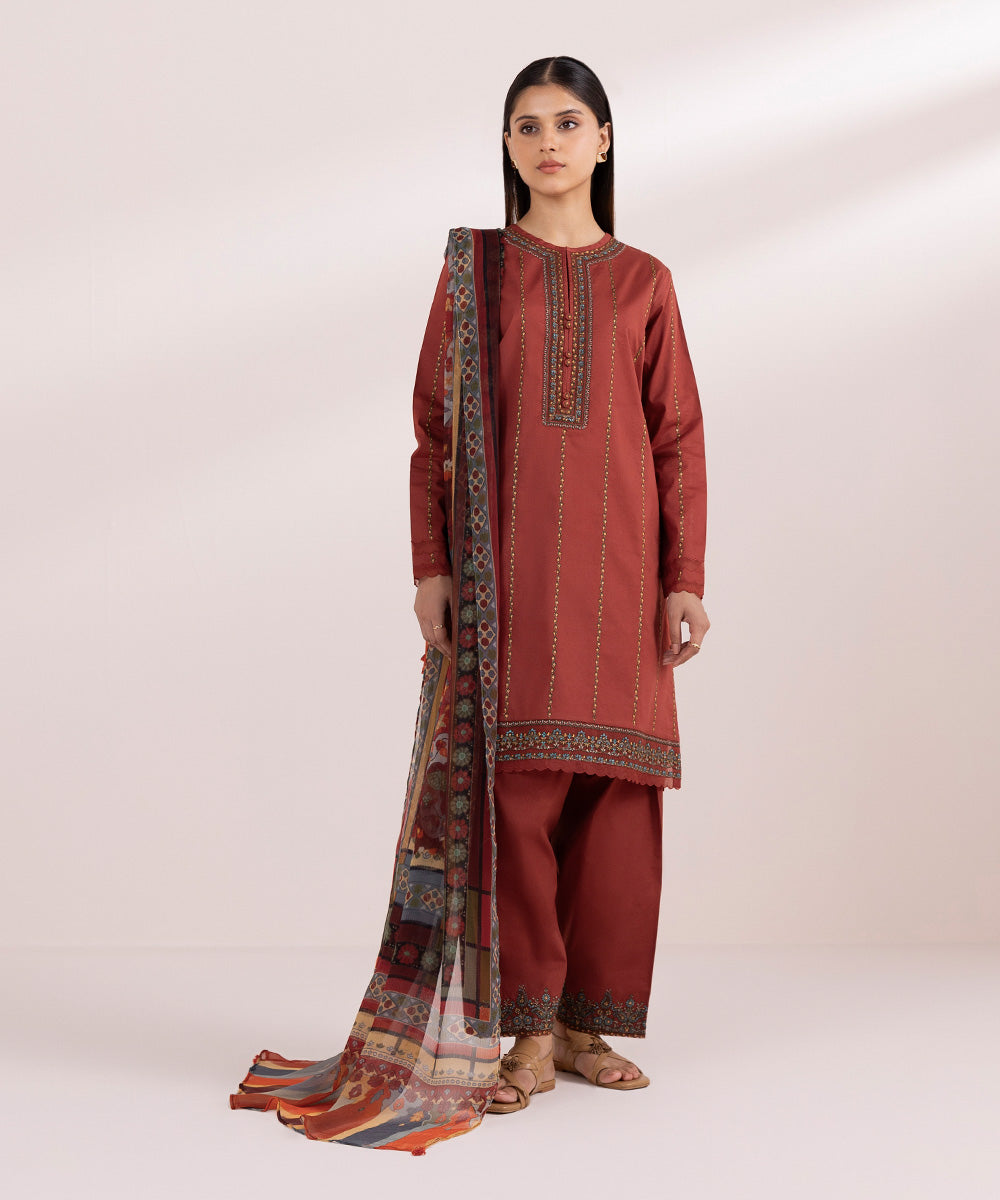 Women's Unstitched Lawn Red Embroidered 3 Piece Suit