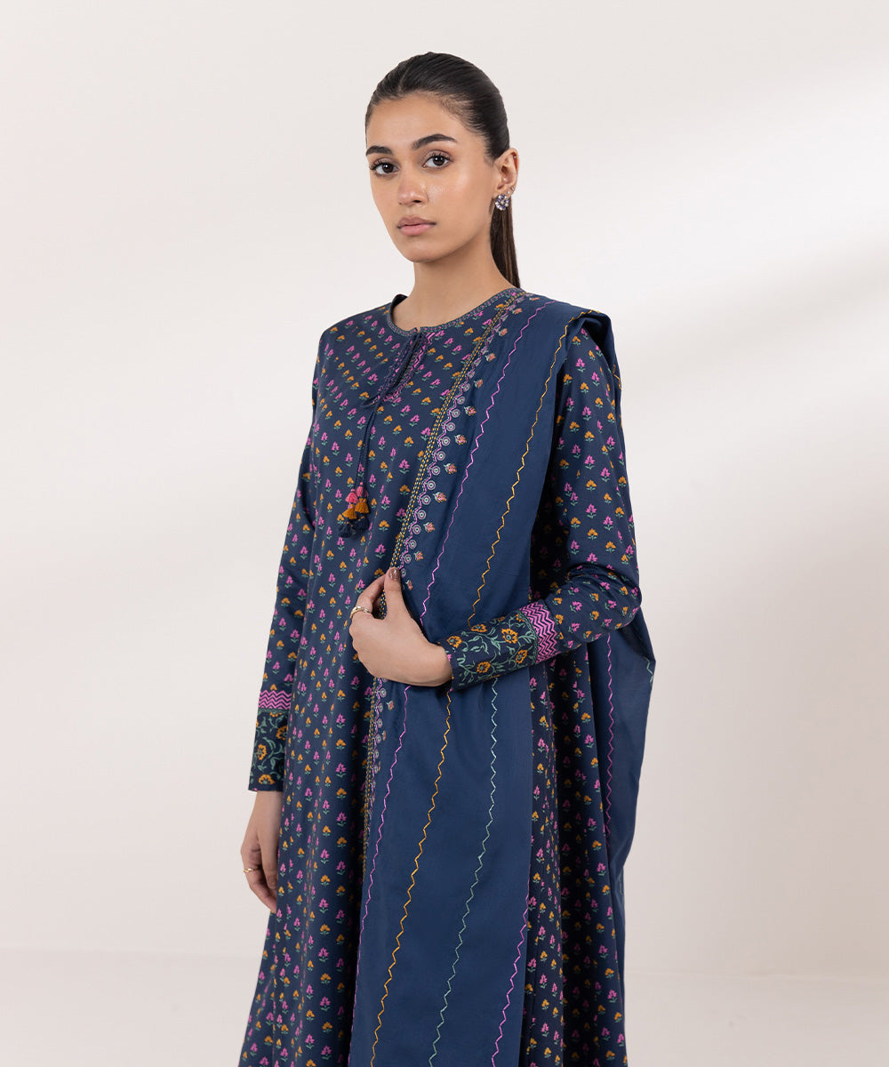 Women's Unstitched Lawn Embroidered Blue 3 Piece Suit