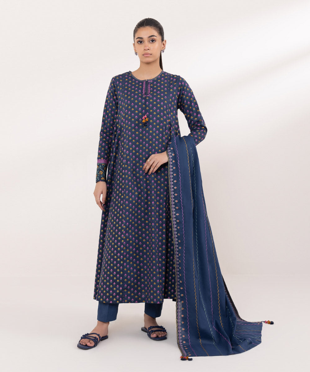 Women's Unstitched Lawn Embroidered Blue 3 Piece Suit