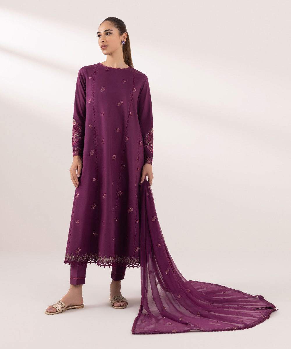 Women's Unstitched Cambric Embroidered Purple 3 Piece Suit